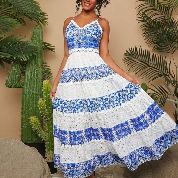 Blue and White Boho Women's Holiday Printed Fabric Splice Embroidered Dress - Picture 4 of 6